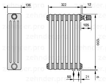 Схема (чертеж) Радиатор Zehnder Charleston 4120/7 №V002 Белый глянцевый RAL 9016